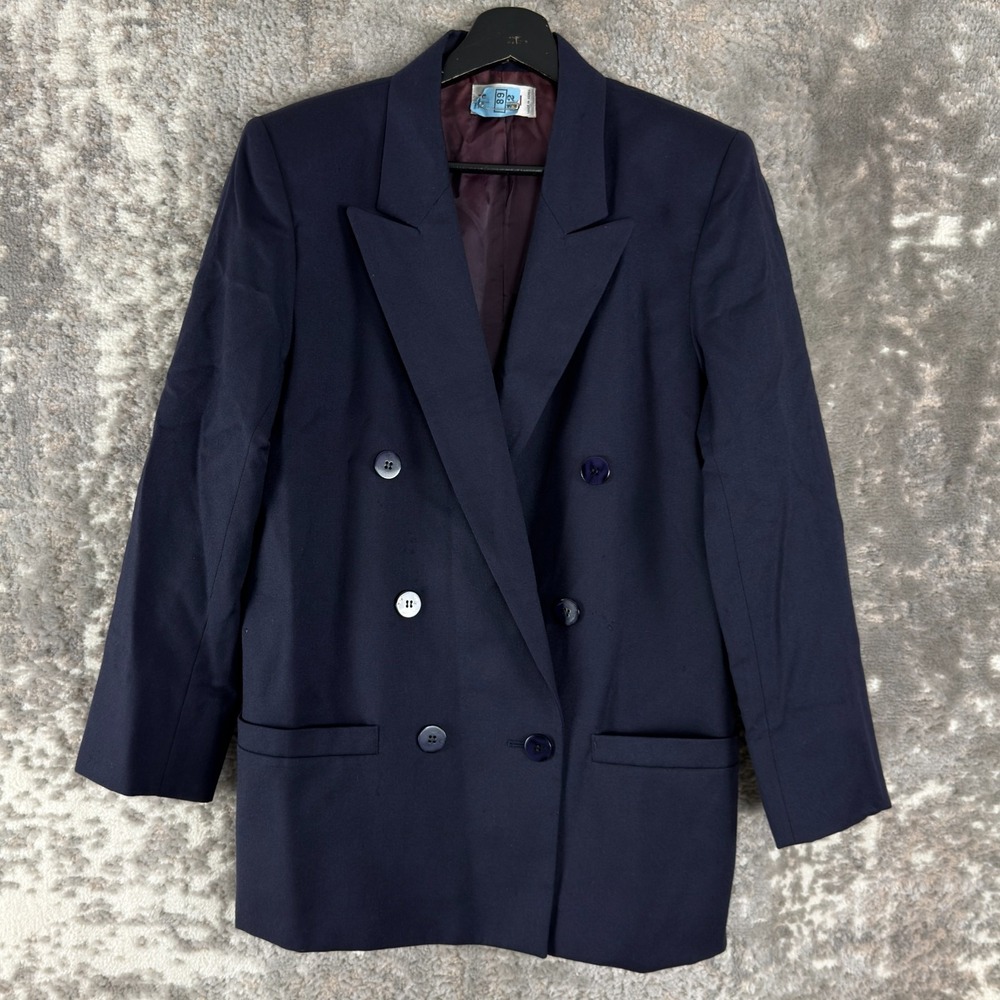 Tahari Size 4 Career Wool Notched Blazer Jacket Navy Long Sleeve V‎ Neck